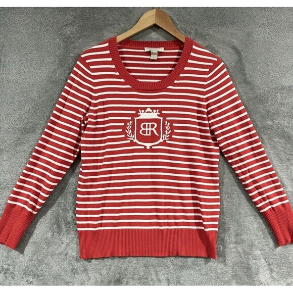 Banana Republic Red White Striped 100% Cotton Sweater Crest Graphic Sz M - Picture 1 of 9